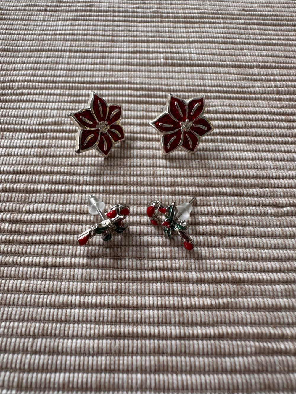 Christmas Holiday Earring Lot | Red Enamel Poinsettia & Candy Cane Studs